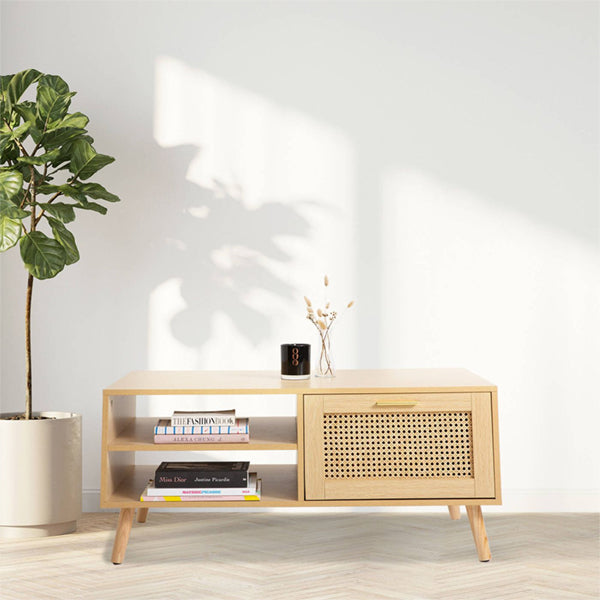 Wooden Cane Rattan Coffee Table - Refrescia