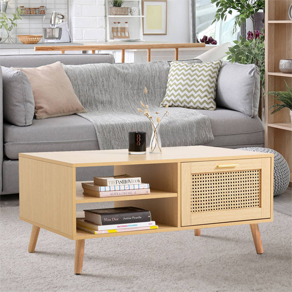 Wooden Cane Rattan Coffee Table - Refrescia1